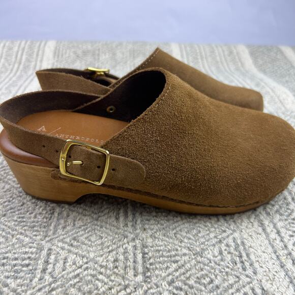 Anthropologie Brown Suede Wooden Platform Clog Sandals, Adjustable Buckle Strap - Picture 7 of 10